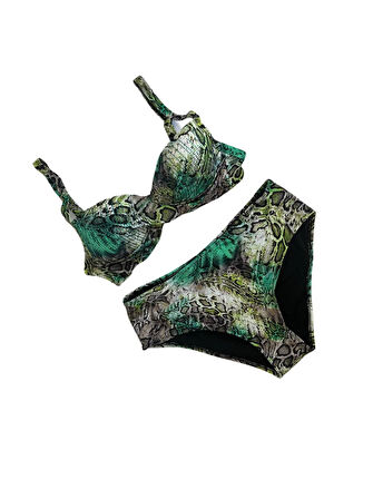 Kadın Yeşil Leopar Desenli Astarlı Büyük Beden Bikini Takımı HZL25S-LC25006