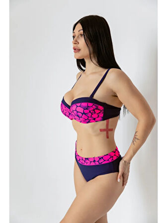 Kadın Fuşya Lacivert Desenli Astarlı Bikini Takımı HZL25S-LC25143