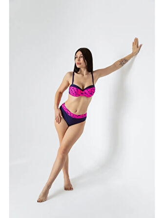 Kadın Fuşya Lacivert Desenli Astarlı Bikini Takımı HZL25S-LC25143