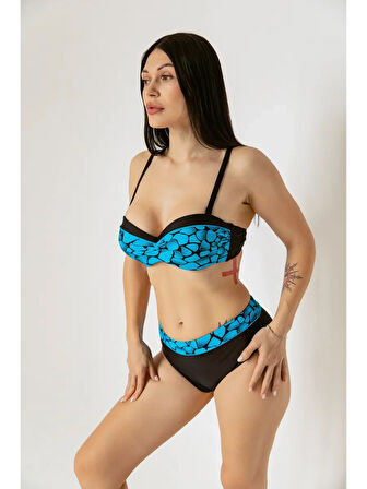 Kadın Mavi Siyah Desenli Astarlı Bikini Takımı HZL25S-LC25143