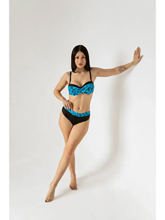 Kadın Mavi Siyah Desenli Astarlı Bikini Takımı HZL25S-LC25143