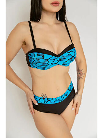 Kadın Mavi Siyah Desenli Astarlı Bikini Takımı HZL25S-LC25143