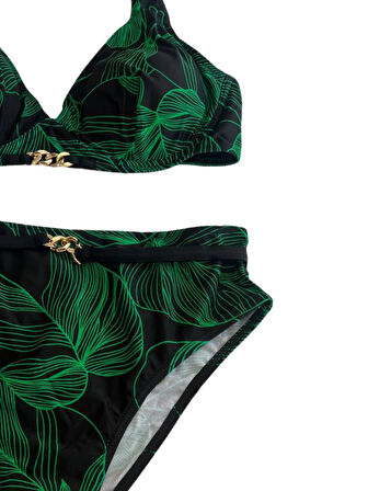 Kadın Siyah Yeşil Aksesuar Detaylı Astarlı Bikini Takımı HZL25S-LC25147