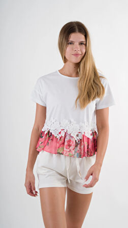 Kadın Beyaz Dantel Çiçek Desenli Bisiklet Yaka Bluz HZL24S-YY256