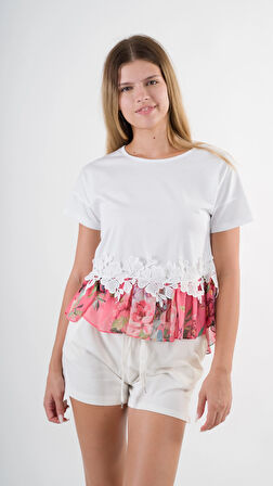 Kadın Beyaz Dantel Çiçek Desenli Bisiklet Yaka Bluz HZL24S-YY256