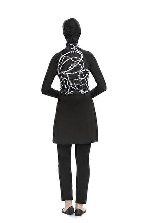 Kadın Siyah Beyaz Desenli Uzun Kollu Tam Kapalı Tesettür Mayo HZL25S-AR259/01