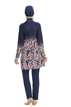 Kadın Lacivert Pembe Desenli Uzun Kollu Tesettür Mayo HZL25S-AR271/02