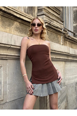 Kadın Kahverengi Yanı Büzgülü Çift Yırtmaçlı Straplez Bluz HZL24S-ZK13091