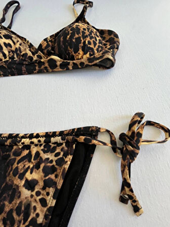 Kadın Kahverengi Leopar Desen Bikini Takımı HZL25S-LC3119