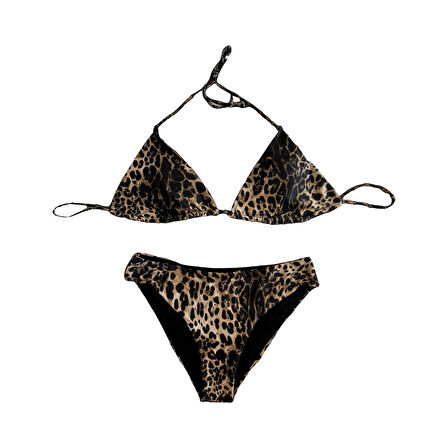 Kadın Leopar Desen Boyundan Bağlamalı Etekli  Bikini Takımı HZL25S-LC3220