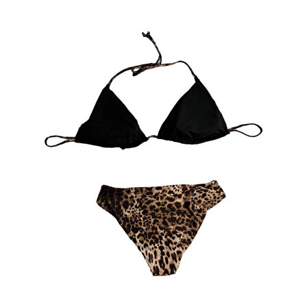 Kadın Leopar Desen Boyundan Bağlamalı Etekli  Bikini Takımı HZL25S-LC3220