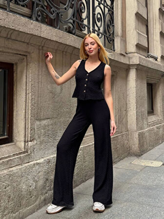 Kadın Siyah Beli Lastilkli Gofre Kumaş Pantolon HZL24S-ZK13261