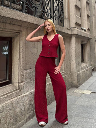 Kadın Bordo Beli Lastilkli Gofre Kumaş Pantolon HZL24S-ZK13261