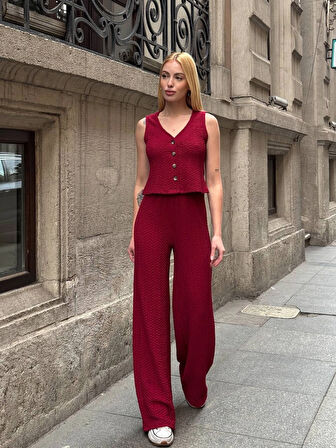 Kadın Bordo Beli Lastilkli Gofre Kumaş Pantolon HZL24S-ZK13261