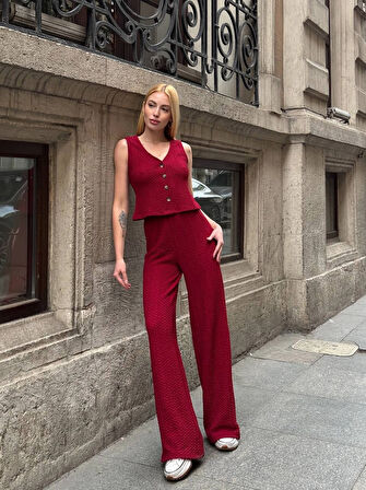 Kadın Bordo Beli Lastilkli Gofre Kumaş Pantolon HZL24S-ZK13261