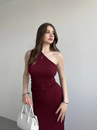 Kadın Bordo Gofre Kumaş Tek Omuz Bluz HZL25S-ZK13271