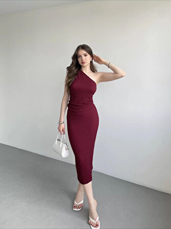 Kadın Bordo Gofre Kumaş Tek Omuz Bluz HZL25S-ZK13271