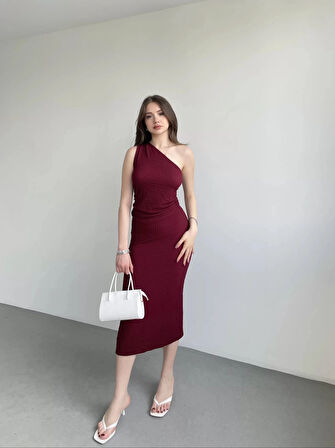 Kadın Bordo Gofre Kumaş Tek Omuz Bluz HZL25S-ZK13271