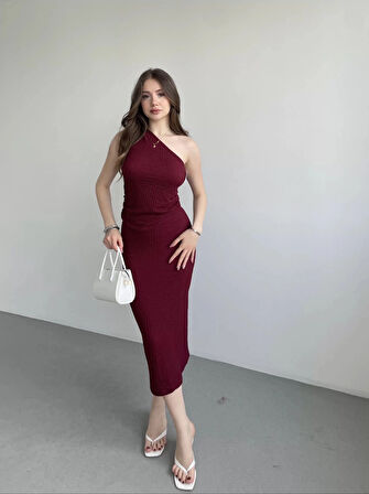Kadın Bordo Gofre Kumaş Tek Omuz Bluz HZL25S-ZK13271
