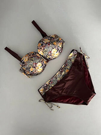 Kadın Kahve Çiçek Desenli Büyük Beden Astarlı Lacivert Bikini Takım HZL25S-LC3301