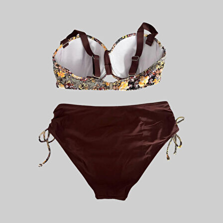 Kadın Kahve Çiçek Desenli Büyük Beden Astarlı Lacivert Bikini Takım HZL25S-LC3301