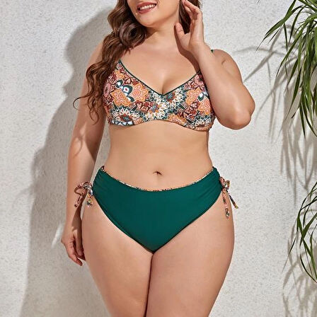 Kadın  Zümrüt Yeşil Etnik Desen Büyük Beden Bikini Takım HZL25S-LC3310