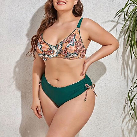 Kadın  Zümrüt Yeşil Etnik Desen Büyük Beden Bikini Takım HZL25S-LC3310