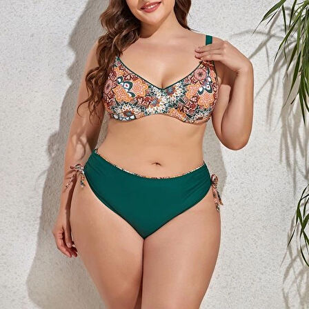 Kadın  Zümrüt Yeşil Etnik Desen Büyük Beden Bikini Takım HZL25S-LC3310