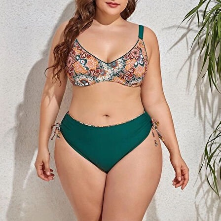Kadın  Zümrüt Yeşil Etnik Desen Büyük Beden Bikini Takım HZL25S-LC3310