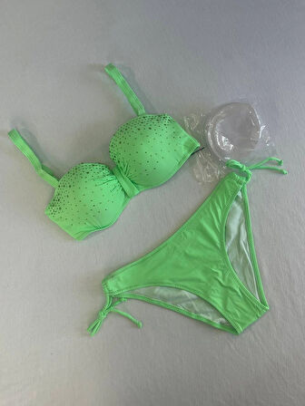 Kadın Yeşil Taş İşlemeli 3 Parça Bikini Takım HZL25S-LC3315