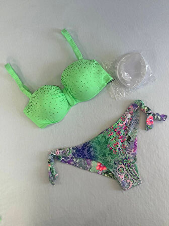 Kadın Yeşil Taş İşlemeli 3 Parça Bikini Takım HZL25S-LC3315