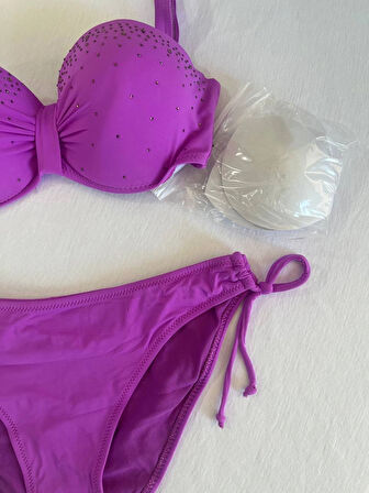 Kadın Lila Taş İşlemeli 3 Parça Bikini Takım HZL25S-LC3315