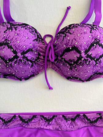 Kadın Lila Siyah Desenli Taş İşlemeli Toparlayıcı Bikini Takım HZL25S-LC3333