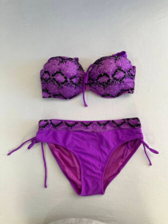 Kadın Lila Siyah Desenli Taş İşlemeli Toparlayıcı Bikini Takım HZL25S-LC3333