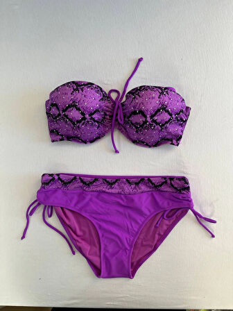 Kadın Lila Siyah Desenli Taş İşlemeli Toparlayıcı Bikini Takım HZL25S-LC3333