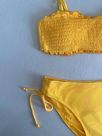 Kadın Sarı Büzgülü Astarlı Bikini Takım HZL25S-LC3349