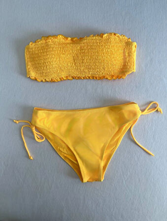 Kadın Sarı Büzgülü Astarlı Bikini Takım HZL25S-LC3349
