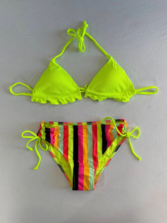 Kadın Neon Sarı Renk Desenli Boyundan Bağlamalı Bikini Takım HZL25S-LC3350