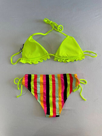 Kadın Neon Sarı Renk Desenli Boyundan Bağlamalı Bikini Takım HZL25S-LC3350