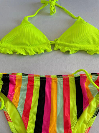 Kadın Neon Sarı Renk Desenli Boyundan Bağlamalı Bikini Takım HZL25S-LC3350