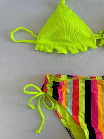 Kadın Neon Sarı Renk Desenli Boyundan Bağlamalı Bikini Takım HZL25S-LC3350