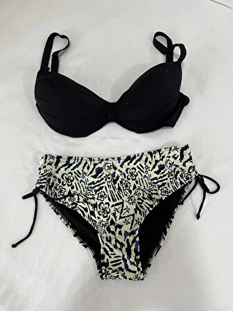 Kadın Siyah Taş İşlemeli Bej Desenli Astarlı Büyük Beden Bikini Takımı HZL25S-LC3351