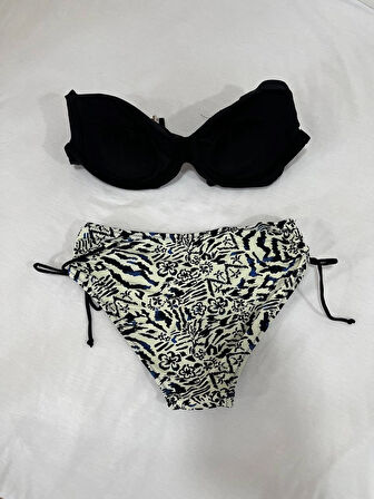 Kadın Siyah Taş İşlemeli Bej Desenli Astarlı Büyük Beden Bikini Takımı HZL25S-LC3351