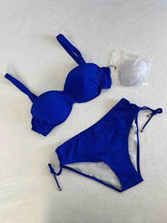 Kadın Saks Mavi Taş İşlemeli Astarlı Bikini Takım HZL25S-LC3361