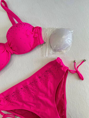 Kadın Fuşya Taş İşlemeli Astarlı Bikini Takım HZL25S-LC3361