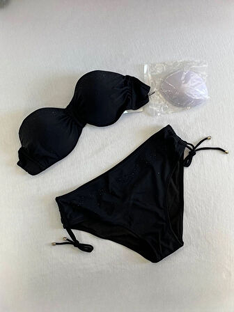 Kadın Siyah Taş İşlemeli Astarlı Bikini Takım HZL25S-LC3361