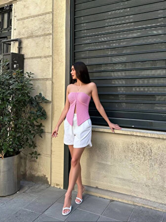 Kadın Pembe Boyundan Bağlamalı Staplez Bluz HZL25S-ZK13581