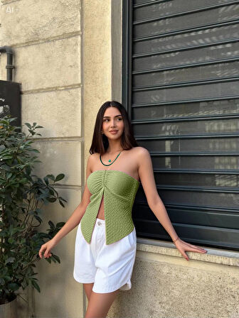 Kadın Fıstık Yeşil Boyundan Bağlamalı Staplez Bluz HZL25S-ZK13581