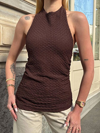 Kadın Kahverengi Boyundan Bağlamalı Gofre Kumaş Bluz HZL25S-ZK13631