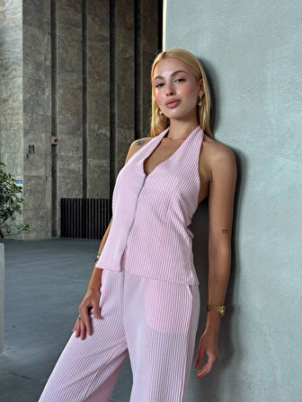 Kadın Pembe Çizgili Önü Fermuarlı Bluz Pantolon İkili Takım HZL25S-ZK13691